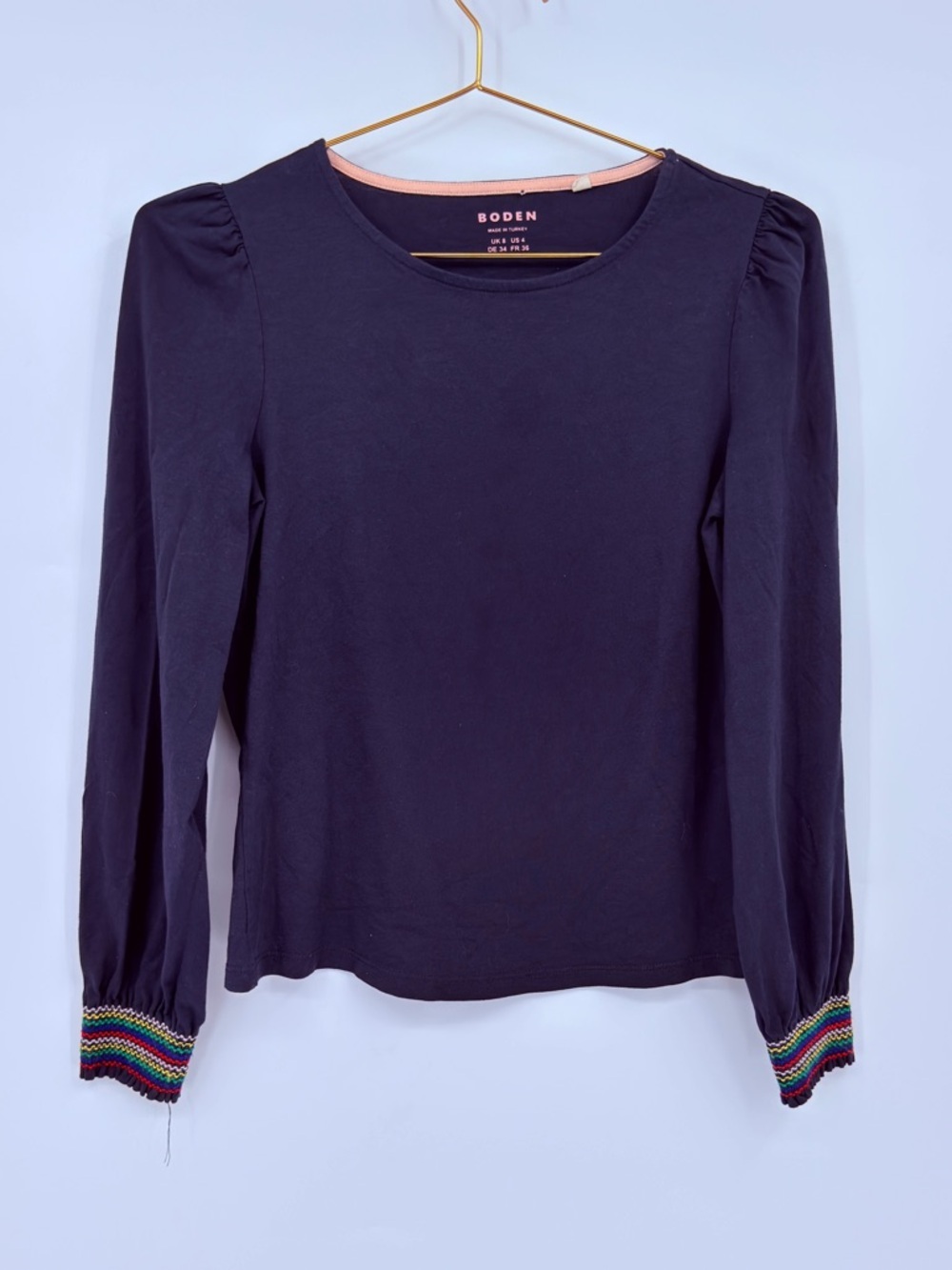 Boden Navy Long Sleeve Top Puff Shoulder Rainbow Cuff Cotton Modal Size US 4